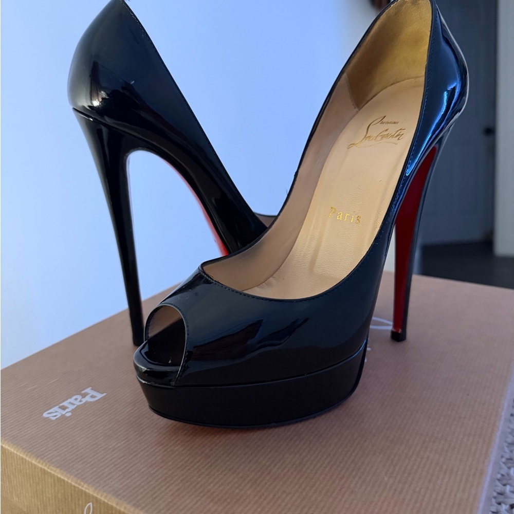 Christian Louboutin Black Patent Peep-Toe Platform Pumps with Red Sole